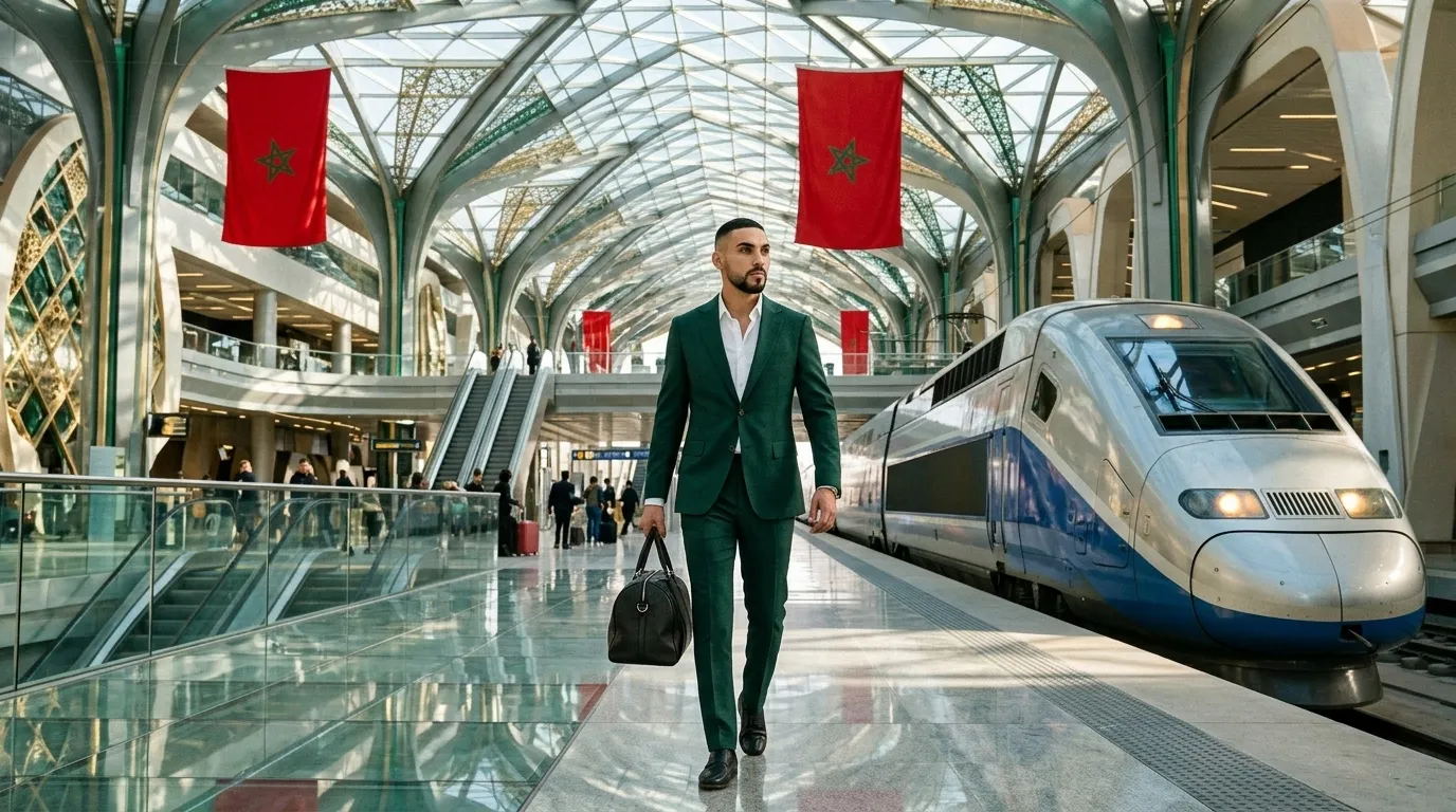 Abdelghani dans une gare moderne à côté d'un train à grande vitesse, drapeaux marocains
