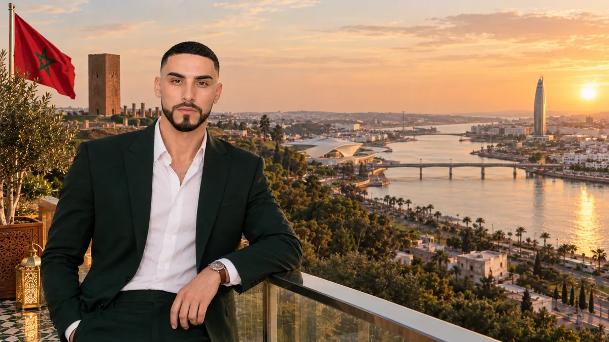 Abdelghani sur une terrasse de Rabat face au Bouregreg, avec la tour Mohammed VI, le Grand Théâtre et la tour Hassan