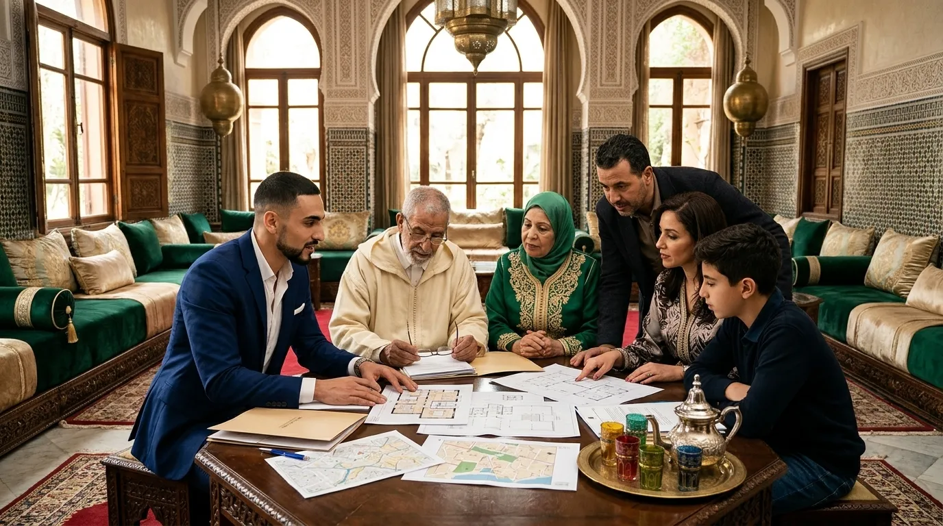 Famille marocaine de trois générations autour des papiers de la maison